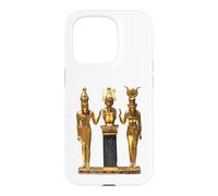 Egyptian Trinity Golden Horus Osiris and Isis Statue Case for iPhone 15 Pro