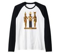 Egyptian Trinity Golden Horus Osiris and Isis Statue Raglan Baseball Tee