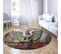 Egyptian Winged Vintage Round Area Rugs 60cm - Washable Low Pile Circle Carpet Golden Hieroglyphs Print Boho for Bedroom Hallway Office