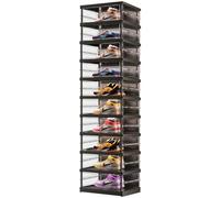 EHAMILY 10 Tiers 10-20 Pairs Foldable Shoe Boxes Large Plastic Shoe Storage Rack Collapsible Shoe Organizer for Closet Clear Stackable Shoes Shelf Storage Cabinet with Doors Quick Assembly Black