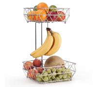 EHC 2 Tier Fruit Basket Stand for Kitchen, Counter Storage Organiser, Vegetable Holder, Fruits Organiser, Easy Assembly, Square Geometric, Chrome