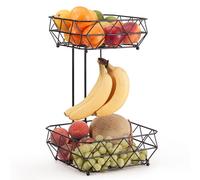 EHC 2 Tier Fruit Basket Stand for Kitchen, Counter Storage Organiser, Vegetable Holder, Fruits Organiser, Easy Assembly, Square Geometric, Black
