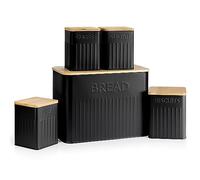 EHC 5-Piece Kitchen Storage Container Set With Airtight Lids Including 3 Square Tea, Coffee, And Sugar Canisters, Biscuit Barrel, Cookie Jar, And Bread Bin With Wood Lid - Black