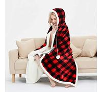 EHC Check Design Super Soft Warm Sherpa Fleece Wearable Hooded Blanket Throw -130 x 180 cm, Red & Black