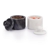 EHC Marble Salt and Pepper Pots Set, White Salt and Black Pepper Shakers, Durable Natural Stone, Elegant Tabletop Seasoning Set for Cooking, Dining & Kitchen Décor