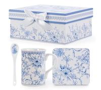 EHC Porcelain Orchid Design Tea/Coffee Mug with Spoon & Coaster Set, Microwave Safe, Oven Safe, Dishwasher Safe, Gift Boxed, 320ml - Ideal for Tea, Coffee, Latte, Hot Chocolate, Gifts and More