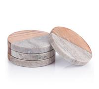 Ehc Round Coasters Set Of 4, Marble & Wooden Coasters Set Non-Slip Coasters For Drinks, Coffee Pads, Natural
