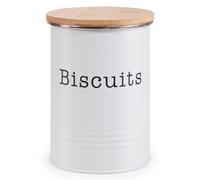 EHC Round Enamel Airtight Seal Cookie/Biscuit Kitchen Storage Canister Jar With Wooden Lid, White