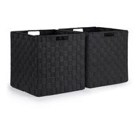 EHC Set of 2 Large Foldable Woven Storage Baskets for Shelves, Collapsible Hamper Basket, Black