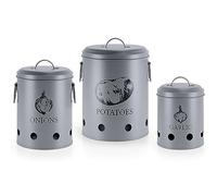 EHC Set of 3 Potato, Onion and Garlic Storage Containers With Lid & Side Handles For kitchen, Long Shelf Life with Aerating Tin Storage Holes - Grey