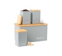 EHC Set of 4 Tea, Sugar, Coffee & Bread Bin Canisters Set, Kitchen Storage Jars with Airtight Lids, Containers Jars Set, Grey