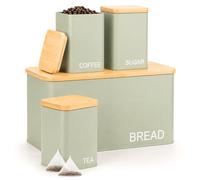 EHC Set of 4 Tea, Sugar, Coffee & Bread Bin Canisters Set, Kitchen Storage Jars with Airtight Lids, Containers Jars Set, Sage