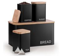 EHC Set of 4 Tea, Sugar, Coffee & Bread Bin Canisters Set, Kitchen Storage Jars with Airtight Lids, Containers Jars Set, Black
