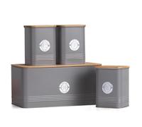 EHC Set of 4 Tea, Sugar, Coffee & Bread Bin Canisters Set, Kitchen Storage Jars with Lids, Containers Canisters Jars Set of 4, Grey