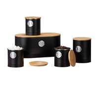 EHC Set of 5 Tea, Sugar, Coffee, Biscuit & Bread Bin Canisters Set With Airtight Lid, Kitchen Storage Jars with Lids, Containers Canisters Jars Set of 5, Black