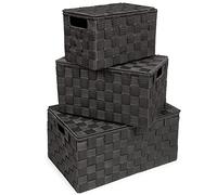 EHC Storage Boxes With Lid Set of 3, Storage baskets for shelves Woven, Storage Organiser Hamper Baskets, Black