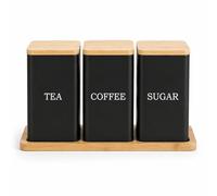 EHC Tea, Coffee, Sugar, Canister Set, Storage Canister Set with Tray - Easy to Open Airtight Lids - Storage Tea, Sugar, & Coffee - Set of 3 Canisters, Black