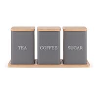 Ehc Tea, Coffee, Sugar, Canister Set, Storage Canister Set with Tray - Easy to Open Airtight Lids - Storage Tea, Sugar, & Coffee - Set of 3 Canisters, Grey