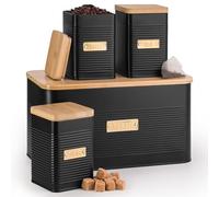 EHC Tea Sugar Coffee Bread Bin Containers Black Set of 4, Kitchen Storage Jars Canisters set