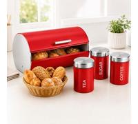 EHD 4 Piece Stainless Steel Bread Bin Set with Tea Coffee Sugar Canisters, Powder Coated Metal Kitchen Storage Containers with Silver Lids Red