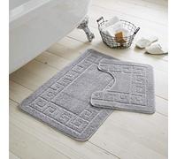EHD Greek Design 2 Piece Bath Mat and Pedestal Mat Sets Non Slip Water Absorbent Regular Size Bathroom Rugs (Silver)