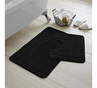 EHD Greek Design 2 Piece Bath Mat and Pedestal Mat Sets Non Slip Water Absorbent Regular Size Bathroom Rugs (Black)