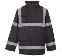 EHD Hi Viz Parka Jackets Security Work Waterproof Storm Padded Hi Visbility Men's Long Coats (Black, X-Large)