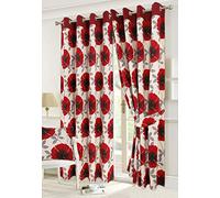 EHD Isla Poppy and Seren Floral Pattern Luxury Curtain Pairs Fully Lined Eyelet Top Curtains With Matching Tie Backs (Isla Poppy Red, 66" x 54")
