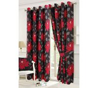 Isla Poppy and Seren Floral Pattern Luxury Curtain Pairs Fully Lined Eyelet Top Curtains With Matching Tie Backs (Seren Black, Cushion Cover 45x45)