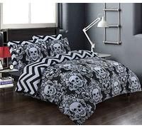 EHD Skull Pattern Black/White 100% Cotton Luxurious 200 Thread Count Duvet Cover Sets Reversible Bedding Sets FL (King Duvet Set)