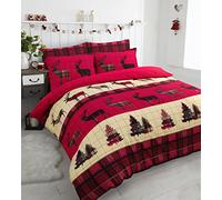 EHD Stag Flannelette 100% Natural Brushed Cotton Luxurious Duvet Cover Sets Reversible Bedding Sets With Matching Pillowcases By NZ (Red, Super King)