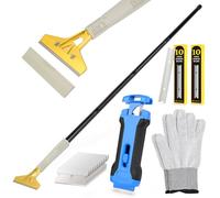EHDIS Wallpaper Remover Kit - Window Scraper with Telescopic Handle (120 cm), Glass Scraper (Blades in Handle), 30 Replacement Blades and Gloves, for Removing Wallpaper and Floor Tile Adhesive, Colour