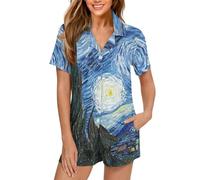 Eheartsgir Women's Short Sleeve Sleepwear Button 2 Piece Plus Size Pajamas Casual Soft Stretchy Funny Nightwear with Pockets, Van Gogh Starry Night, XXL