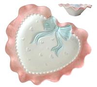 EHERDM Ceramic Heart Bowl Dish Cute Bow Knot Plate Heart Decorative Dish Embossed Dessert Dish Irregular Dining Dish Dinner Bowl Salad Dessert Plate for Soup Crockery Kitchen Decoration Pink Plate