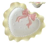 EHERDM Ceramic Heart Bowl Dish Cute Bow Knot Plate Heart Decorative Dish Embossed Dessert Dish Irregular Dining Dish Dinner Bowl Salad Dessert Plate for Soup Crockery Kitchen Decoration Yellow Plate