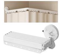 EHERDM Wall Mounted Folding Shower Curtain Rod Punch-Free Suction Cups 360°Collapsible Shower Curtain Rod for Bathroom Corner Bathtub Retractable Laundry Rack 5-Fold 68"