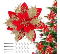 EHIOG 12 PCS Poinsettia Artificial Flowers, Red Gold Christmas Poinsettia, Glitter Red Flowers for Christmas Tree, Wedding Party Wreath Decoration, 5.5 Inches