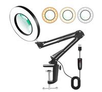 EHIOG Foldable Table Lamp with LED & Magnifying Glass, 10x Magnification, 72 Lamp Beads, 3 Light Modes, 10 Dimming Levels - Swivel Arm Lamp with Metal Clamp for Nails, Reading, Hobby & Work - Black