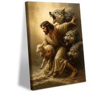 EHNTNNMA Jesus and the Lamb Canvas Wall Art Jesus Saves the Lost Sheep Decorative Pictures Shepherd Protecting Lambs from Wolves Posters Christian Bedroom Church Home Decor Print Artwork 12 x 16
