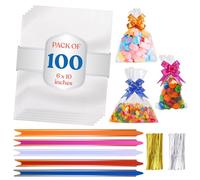 eHom Cellophane Bags Pack of 100 (6 x 10 Inches) Food Safe Cookie Bags with 100 Mix Colors Pull Bows & Twist Ties - Clear Bag for Christmas & Halloween Gifts, Packaging Sweet bags for Hamper Making