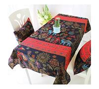 EHOMERY 6 Seater Dining Table Cloth Oilcloth Tablecloth Rectangular Ethnic Style Flower And Animals Printed Clothes Outdoor Waterproof Clips For Wind Cotton Linen Red Black 140X140Cm