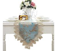 EHOMERY Coffee Table Decor, Light Peacock Blue Fabric Tablecloth Triangle lace embroidery Table Runner Polyester 40x180CM