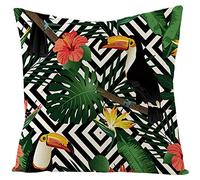 EHOMERY Pillow Cover King Size Cushion Outdoor Sofa Flower Leaf Toucan Bird Velvet Throw Pillow Covers Nature Patio Furniture Covers Replacement Set Green Red Black 16X16 Inches