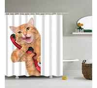 EHOMERY Shower Curtain No Hooks Needed Bathroom And Shower Curtain Cat On The Phone Shower Curtain Elegant Shower Curtains For Bathroom Polyester Polyester White Orange, 120X180Cm