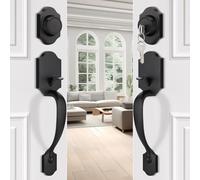 EHOMEWARE 1 Pack Double Front Door Lock Set, Black Front Door Handle with Deadbolt, Exterior Door Lock Set with Dummy, Modern Wave Entry Door Handle, Reversible for Left & Right Doors