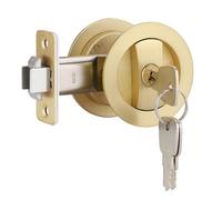 EHOMEWARE 1 Pack Gold Pocket Door Hardware, Round Pocket Door Lock with Key | EHOMEWARE Brass Bifold Door Lock | Modern Recessed Sliding Door Pull | Reversible Pocket Door Handle for Left/Right Door