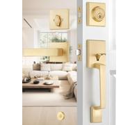 EHOMEWARE 1 Set Entry Door Handle and Single Cylinder Deadbolt Lock and Key, Brass Front Door Lock - Heavy Duty Square Locking Lever Set - Exterior Door Handle in Satin Brass Finish