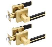 EHOMEWARE 2 Pack Gold Door Handles, Brass Interior Door Levers with Black Leather, Privacy Door Knobs Locksets for Bedroom Bathroom, Reversible Door Handles for Right or Left Handed Doors
