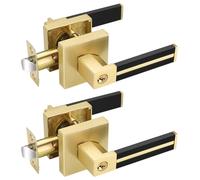 EHOMEWARE 2 Pack Gold Door Handles, Keyed Alike Brass Interior Door Levers with Black Leather Handle, Entry Door Handles Locksets for Bedroom Living