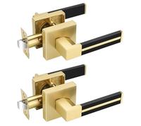 EHOMEWARE 2 Pcs Gold Door Handles with Black Leather, Satin Brass Door Knob | Brushed Brass Interior Door Handle | Passage Door Handles for Closet/Hallway/Store Room | No Locking, Reversible Handing